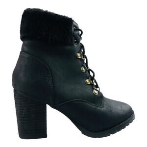 Comfort Plus Womens Black Chunky High Heeled Lace Up Combat Boot Faux Fur Size 7